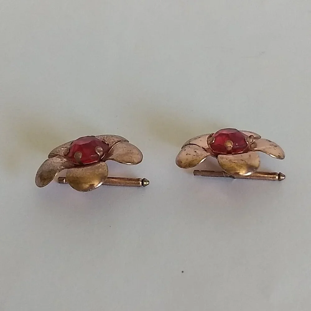 Copper Tone Red Rhinestone Cufflinks Spring Floral Flower Glam Party Fun